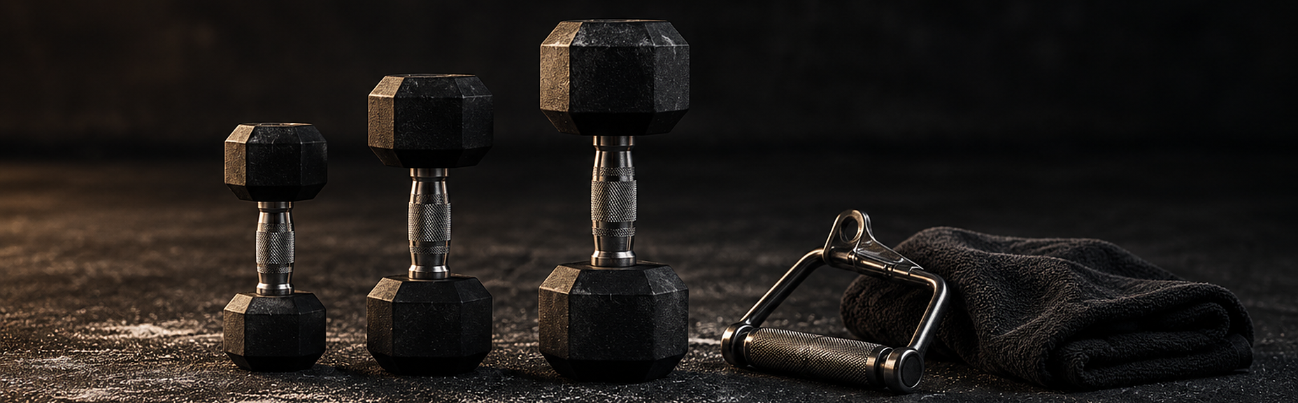 Three dumbbells of increasing weight standing in a row on a dark gym floor beside a cable handle and a folded towel