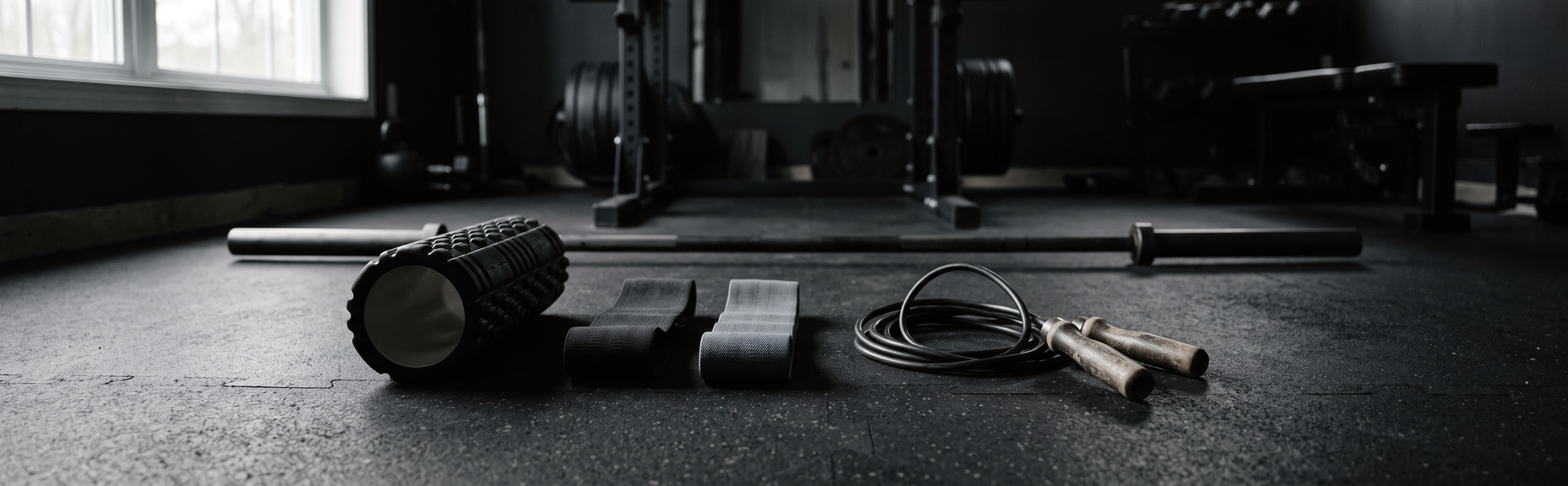 A foam roller, resistance bands, and a jump rope laid out on a dark gym floor before a workout