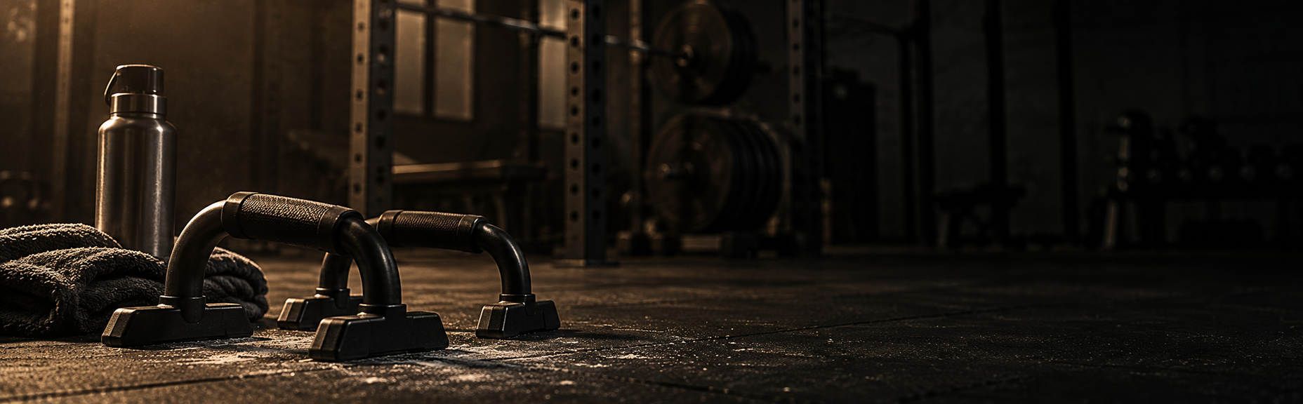 A pair of push-up handles and a folded towel on a dark rubber gym floor beside a water bottle