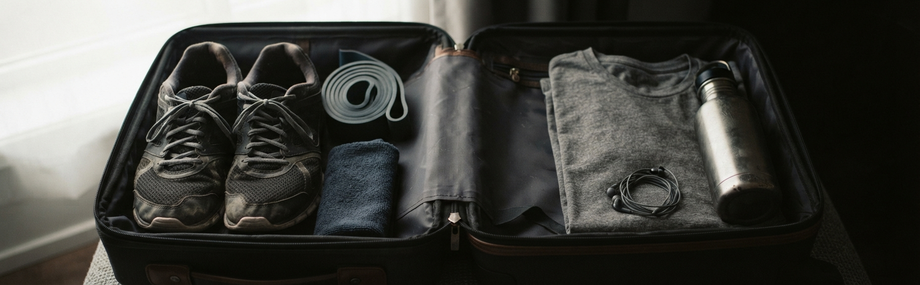 An open carry-on suitcase packed with running shoes, a resistance band, a folded shirt, and a water bottle