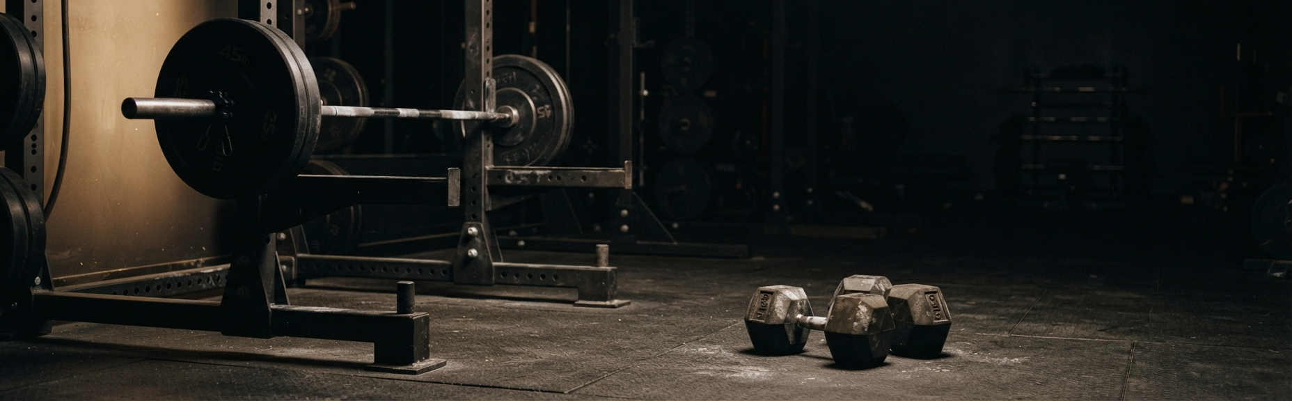 A loaded barbell in a rack beside a pair of dumbbells on a dark gym floor, set up for a lifting session